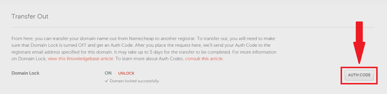 A screenshot of Namecheap's domain auth code button.