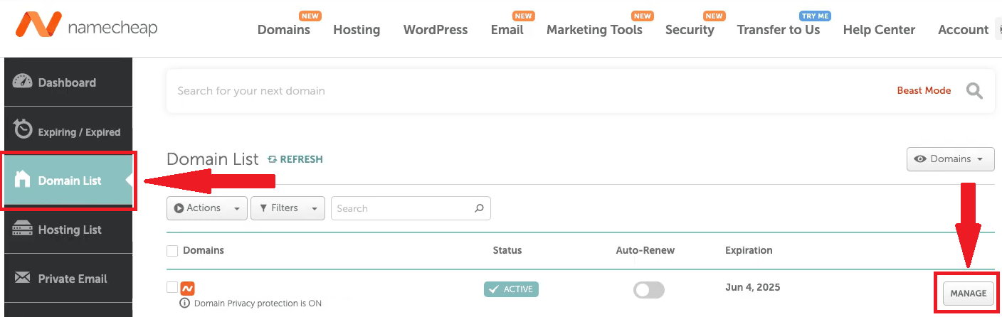 A screenshot of Namecheap's domain list page.