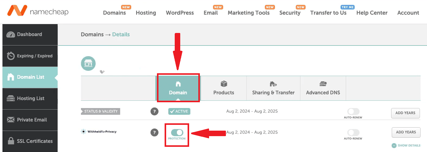 A screenshot of Namecheap's domain privacy toggle.