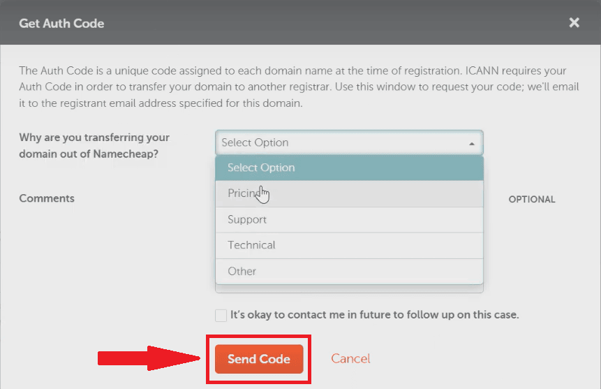 An image of how to get the Auth Code from Namecheap