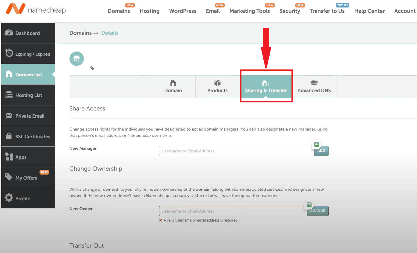 A screenshot of Namecheap's domain sharing and transfer section.