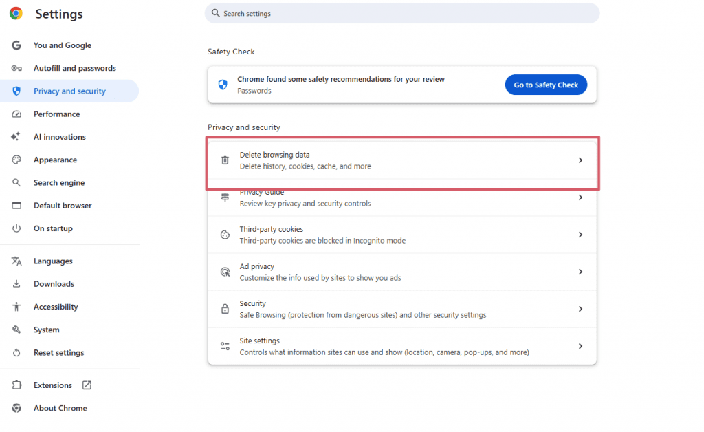 Image of how to delete browsing data on Chrome