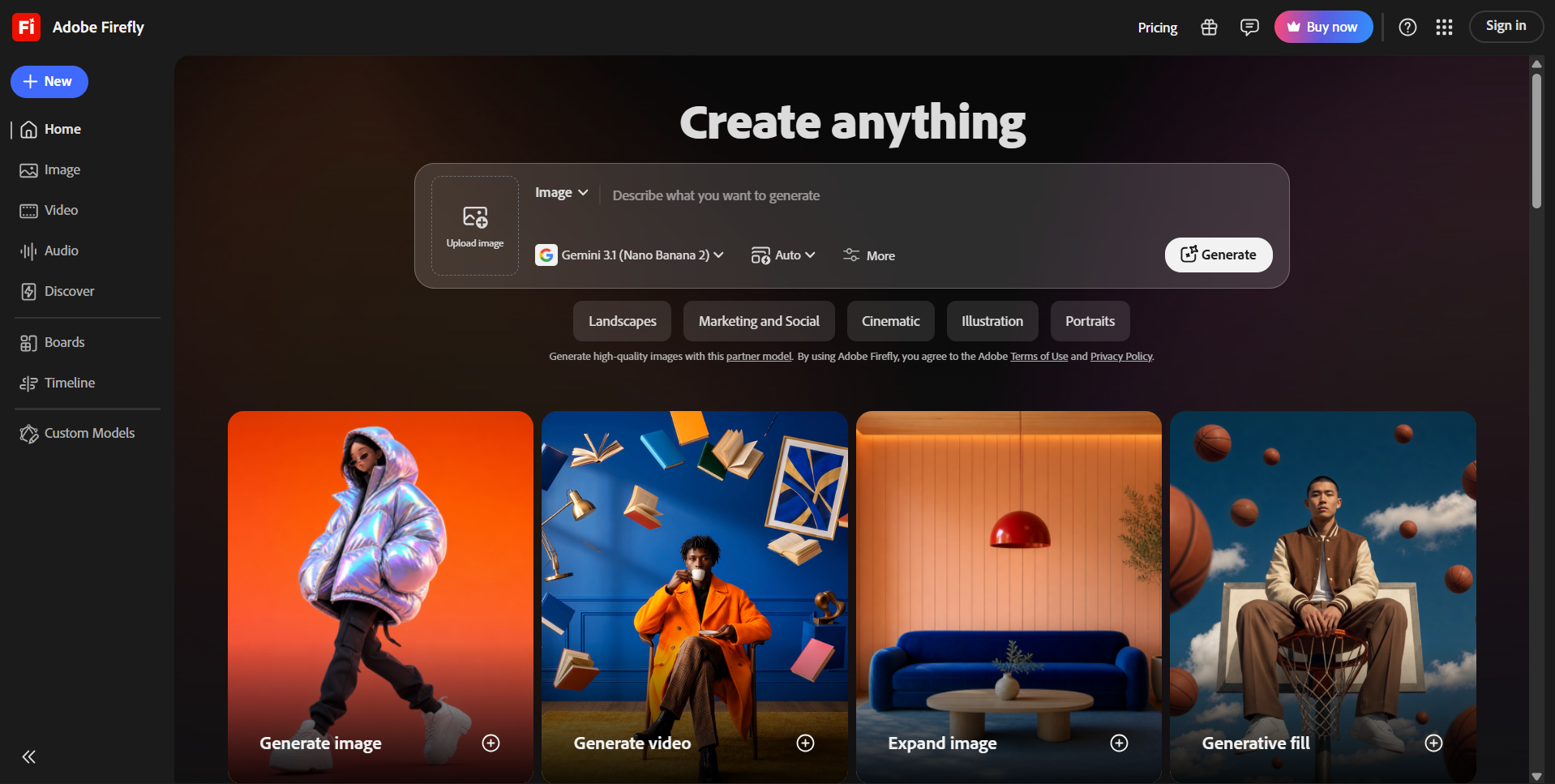 AI for graphic design - Adobe Firefly dashboard