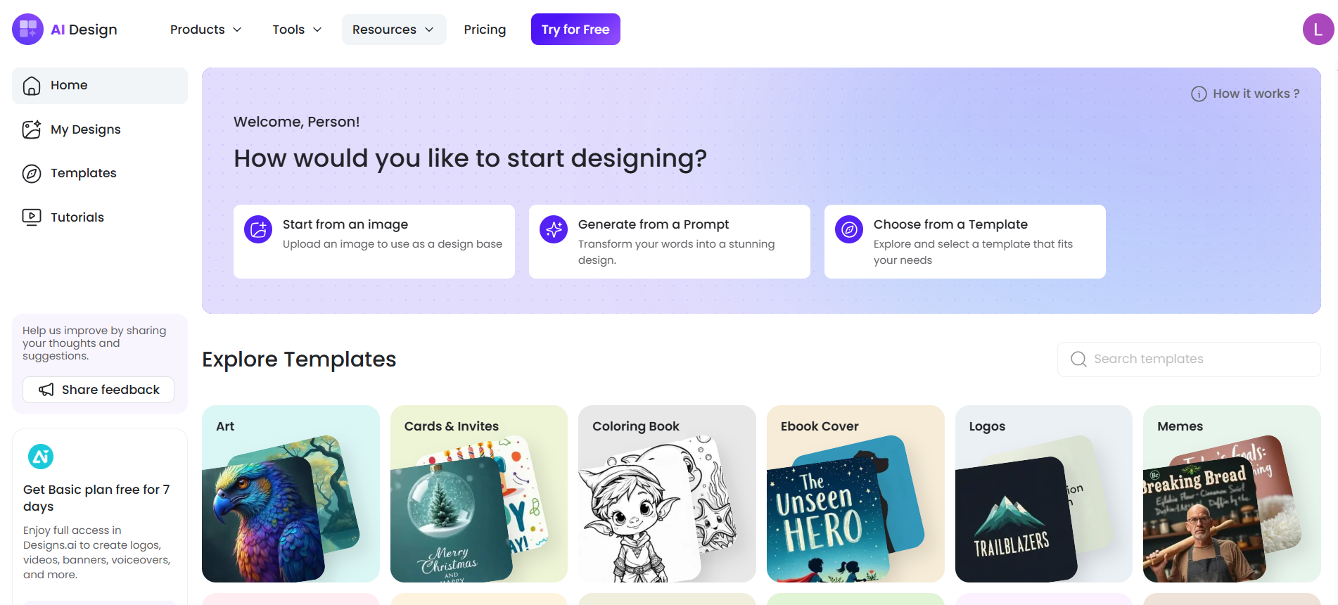 AI tools for design - Designs.ai dashboard