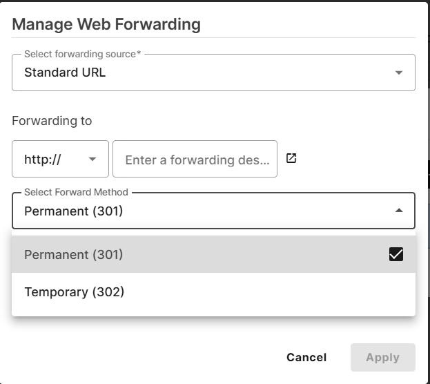 Selecting either 301 or 302 redirects on the Network Solutions' Manage Web Forwarding options.