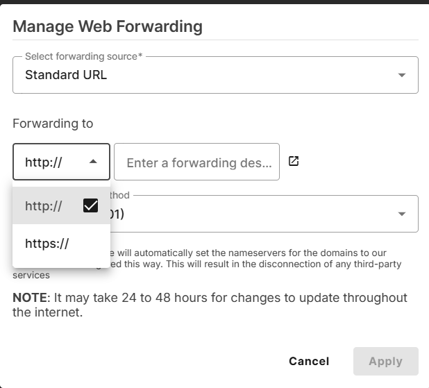 Choosing http:// or https:// in the Network Solutions Manage Web Forwarding section.