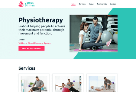 Physiotherapist website featuring  services and testimonials