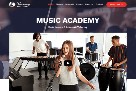 Academic tutoring website featuring music classes, schedule, and events