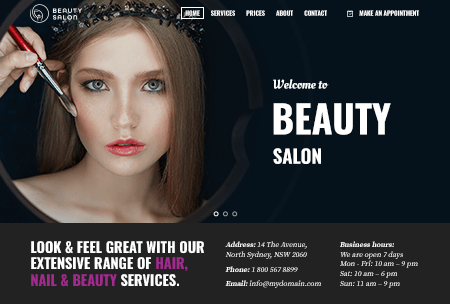 Beauty salon website promoting hair, nail, and other beauty services