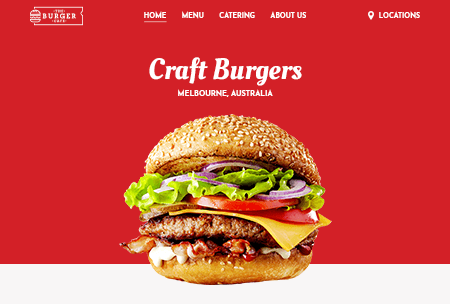 Burger cafe website with product image, menu, catering, locations, and about us