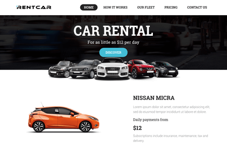 Car rental website featuring photos of vehicles and pricing