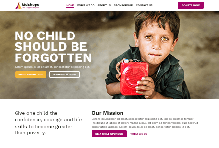 Charity website promoting child sponsorship and donations