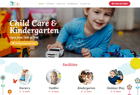 Childcare website listing nursery, toddler, kindergarten, and outdoor play facilities