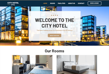 City hotel website highlighting rooms, amenities, and contact information
