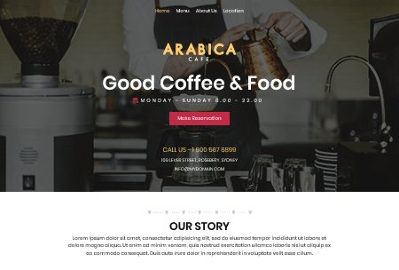 Coffee house website featuring menu, reservation, and about us information