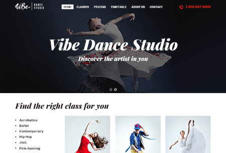 Dance studio website offering acrobatics, ballet, and contemporary classes