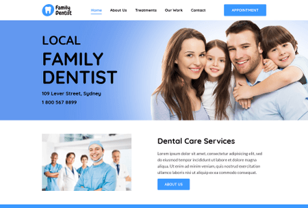 Dentist website showcasing smiling patient receiving dental treatment