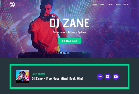 DJ website highlighting disc jockey’s performances with a sample track