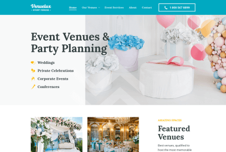 Event venue website featuring party locations and planning services