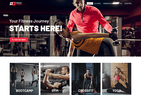 Fitness gym website highlighting bootcamp, gym, crossfit, and yoga exercise programs