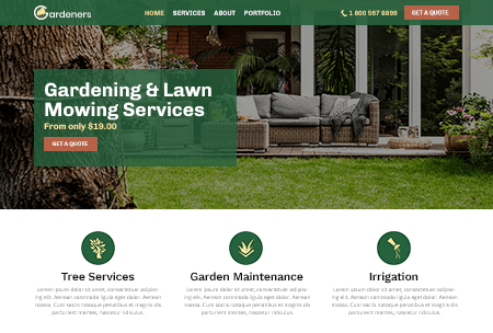 Gardener website with lawn mowing, irrigation, tree, and gardening services