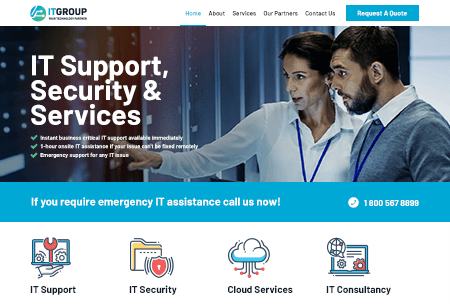 IT support website featuring support, security, cloud services, and consultancy