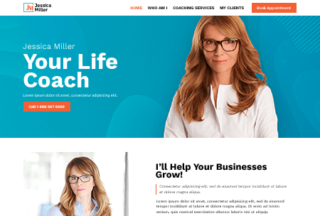 Life coach website with coaching services, client examples, and contact information