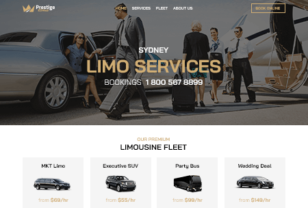 Limo services website featuring limousine fleet and booking information