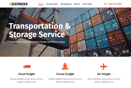 Logistics website highlighting freight transportation and storage service