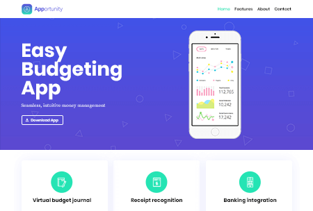 Website template for a budgeting mobile app with a hero image of a cell phone
