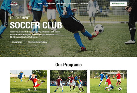 Soccer club website with image gallery highlighting tournaments and programs