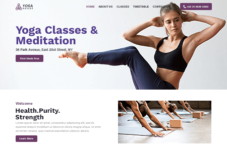 Yoga website with exercise classes, timetable, and contact information